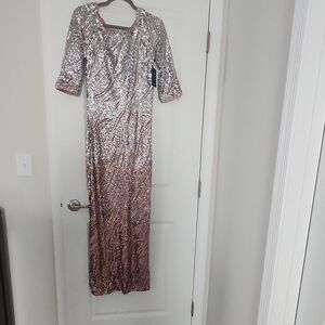 New With Tags Elegant Silver and Rose Ombre Sequin Gown MOB Prom Wedding Size 12